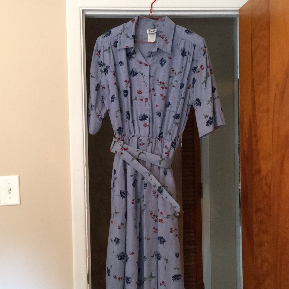 Blue floral belted shoulder padded dress